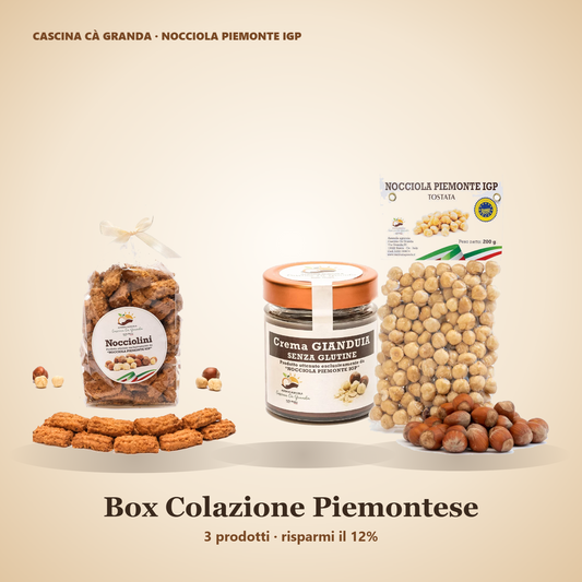 Box Colazione Piemontese: crema gianduia, nocciolini e nocciole tostate Piemonte IGP