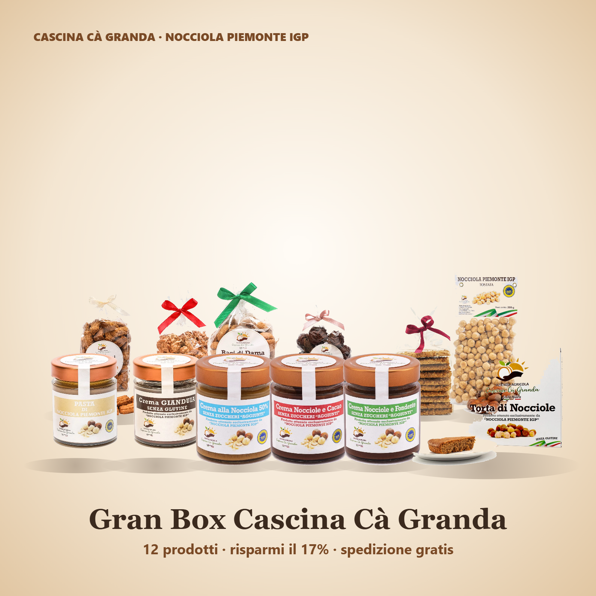 Gran Box Cascina Cà Granda con tutti i 12 prodotti alla Nocciola Piemonte IGP